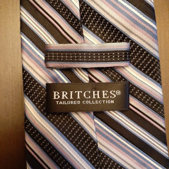 Britches Men's Silk Tie Purple Gray and Blue Stripes - Picture 2 of 3